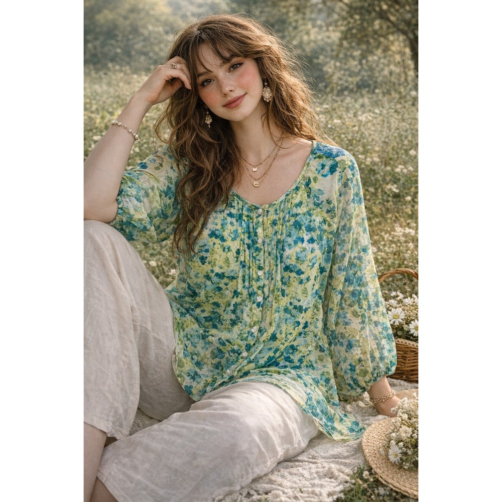 St Johns Bay 2X Sheer Floral Blouseโ Green Blue Cottagecore Boho Top Plus